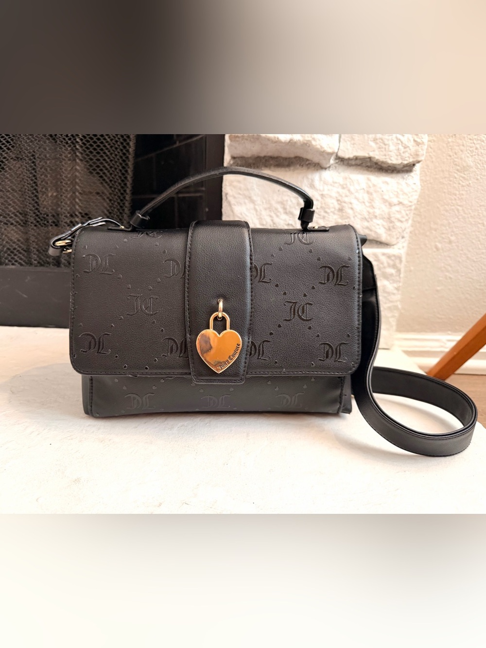Juicy Couture Black JC Monogram Satchel Crossbody Bag Gold Heart